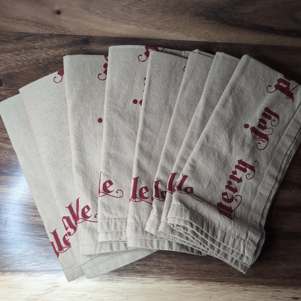 Pottery Barn Christmas Napkins Set of 8 Tan Red Merry Joy Peace Jingle 20x20
